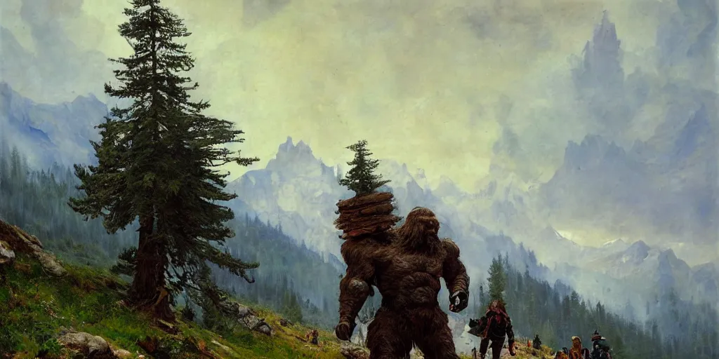 Prompt: legs of steel titan dwarf colossus pacing through mountain valley, single pine, with huge poleax, fine art, artstation, matte painting, masterpiece by vasnetsov and surikov and raphael