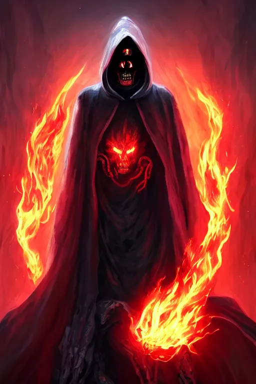 Image similar to A full body portrait of a mysterious character with a flaming skull with a very long hooded blood red and black cloak, tentacles coming out the ground art by Jason Chan and Gilles Beloeil, ominous, cosmic horror, trending on artstation, Ultra detailed, hyper realistic 4k