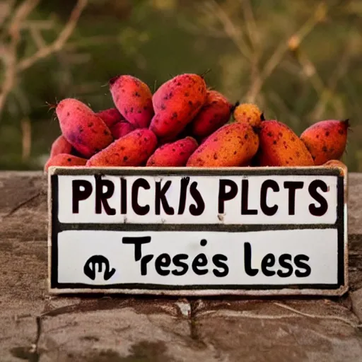 Prompt: prickles pears with a sign with cactus written on it