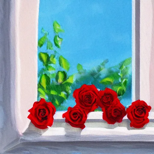 Image similar to A painting of a windowsill with flowers. Red rose. Blue violets. The natural light from the window would be shining in on the scene. Trending on artstation