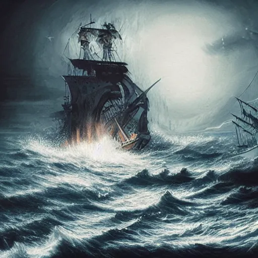 Prompt: ghostly pirate ship sailing on a raging sea, concept art, highly detailed, intricate, dark colour, tense atmosphere, night sky full of star