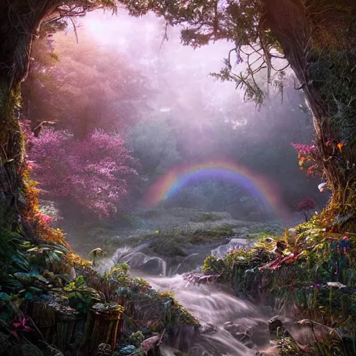 Prompt: the aesthetic view of the beautiful, grand, wistful, dreamy landscape of a hidden forest, hyperrealistic photograph by kim jung gi, rainbow colorful, extremely detailed, insanely intricate linework, super sharp focus, dull colors, octopath traveler, unreal engine 5 highly rendered, global illumination, radiant light, detailed and intricate environment