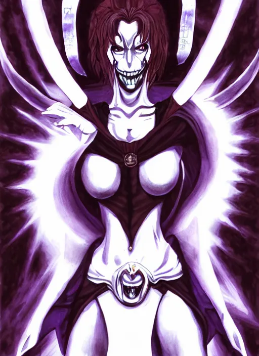 Image similar to shin megami tensei art of a demon called margaret thatcher, art by kazuma kaneko, demonic! compedium!, digital drawing, law - alligned, white background, high quality, highly detailed