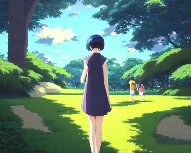 Prompt: hinata hyuga, park in background, bokeh. anime masterpiece by Studio Ghibli. illustration, sharp high-quality anime illustration in style of Ghibli, Ilya Kuvshinov, Artgerm