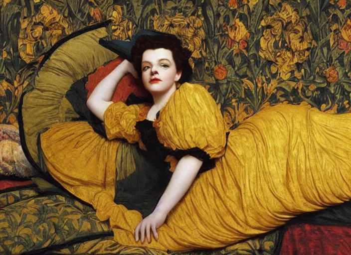 Image similar to portrait of judy garland reclining on bed, wearing yellow ochre ornate medieval dress, preraphaelite colour photography by frederic leighton, william morris, 8 k