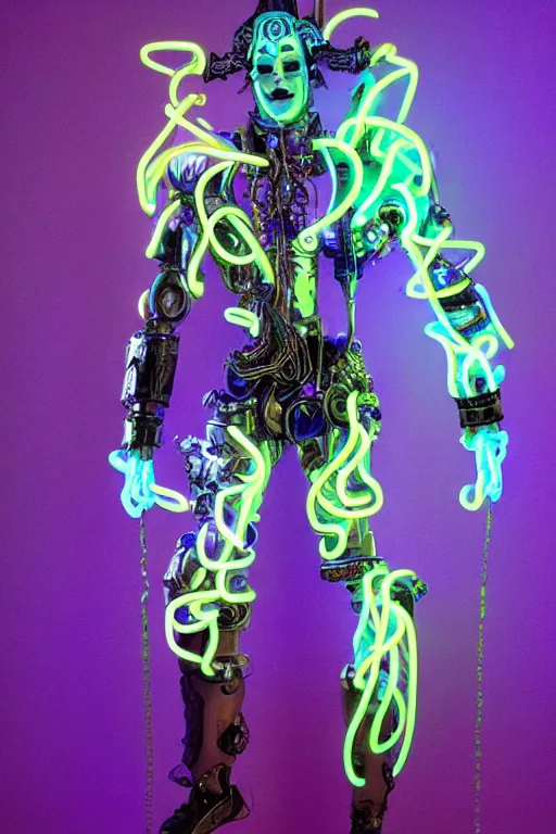 Prompt: full-body neon porcelain baroque cyberpunk style sculpture of a muscular handsome prince as a half-robot wearing retro shades, ruptured battery, leaking glowing neon radioactive liquid, electric sparks, glowing violet laser beam eyes, crown of giant diamonds, gold chain steampunk necklace, flowing purple satin, luminescent fabrics, mechanical roses. baroque and steampunk elements. full-length view. baroque element. intricate artwork by caravaggio. Trending on artstation, octane render, cinematic lighting from the right, hyper realism, octane render, 8k, depth of field, 3D