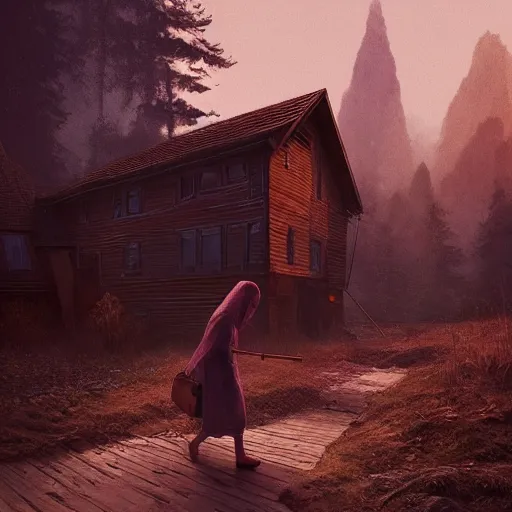 Image similar to woman leaving her wooden broken house by simon stålenhag, very highly detailed, award winning, rendered by Beeple, by Makoto Shinkai, syd meade, starwars, space art concept, digital art, unreal engine, blender, WLOP, trending on artstation, 4K UHD image, octane render