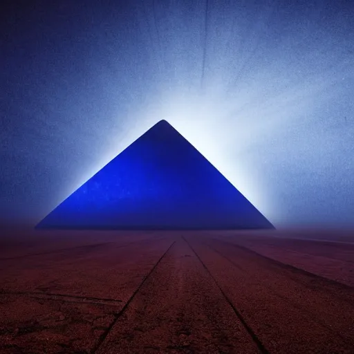 Image similar to big pyramid with blue glow lights and huge spaceship in sky, fog in background, cinematic looking, drama, scary