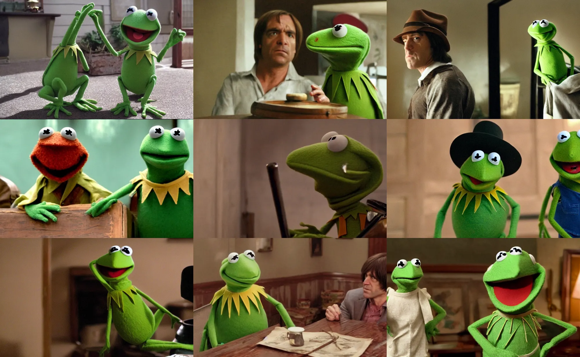 Prompt: a still of kermit the frog in no country for old men ( 2 0 0 7 ), extremely detailed, cinematic, high quality,