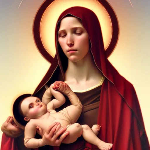 Prompt: the virgin mary holding fetus jesus fetus christ, highly detailed, digital painting, concept art, smooth, sharp focus, illustration, surrealist, absurd, humorous, photoshop, art by artgerm and greg rutkowski and alphonse mucha