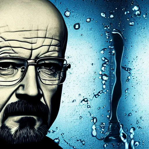 Prompt: walter white's face in a glass, walter white's face made of water, glass, a glass of water