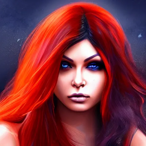Prompt: portait of haifa wehbe, sadness look, long hair blue centred, hd, digital painting, unreal engine, final fantasy style, amazing red orange background theme