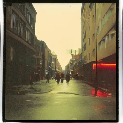 Prompt: low angle wide shot of Night Vale street in the early morning, after rain, lomography, polaroid photo, by Warhol,