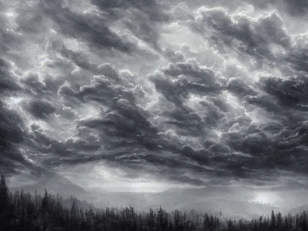 Image similar to detailed landscape, forests. very detailed dark super storm, hyper realistic clouds, impressive, magical, very atmospheric, smoke boiling, cinematic, deep, very high complexity, stunning, dramatic masterpiece, chiaroscuro, in the style of david holland and laura den hertog and michael creese, very detailed. 4 k