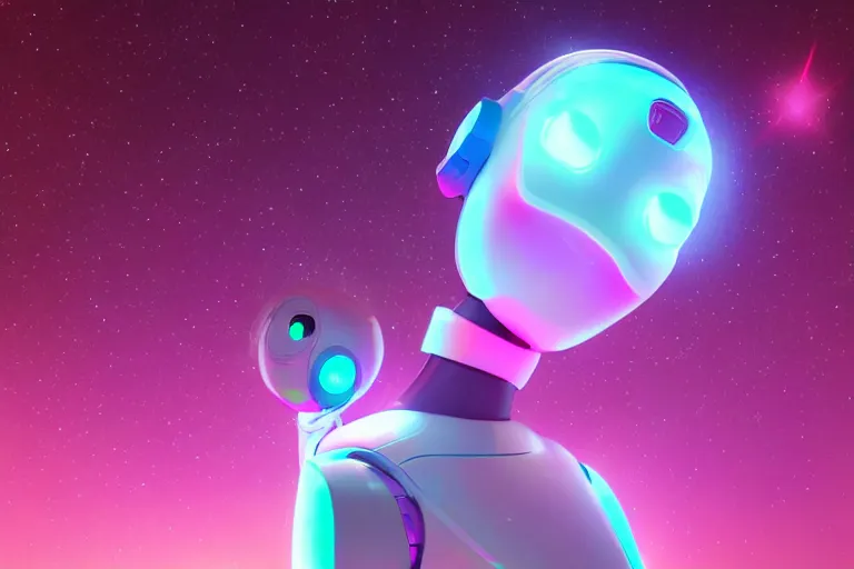 Image similar to a beautiful calm robot girl looking up to the stars, photograph, colorful background, render, 3 d, render, glows, neon, 8 k, 4 d,