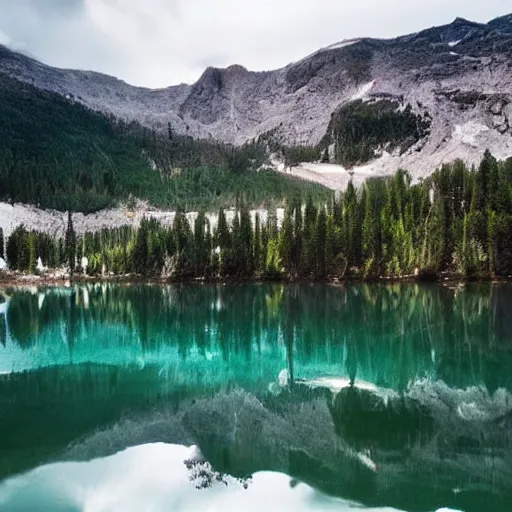 Image similar to beautiful still lake with reflective water, low mountains and beautiful far clouds