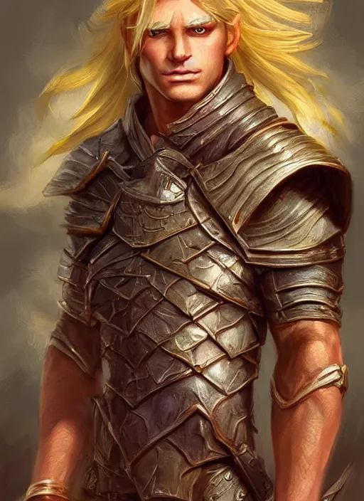 Prompt: blonde male ultra detailed fantasy, dndbeyond, bright, colourful, realistic, dnd character portrait, full body, pathfinder, pinterest, art by ralph horsley, dnd, rpg, lotr game design fanart by concept art, behance hd, artstation, deviantart, hdr render in unreal engine 5