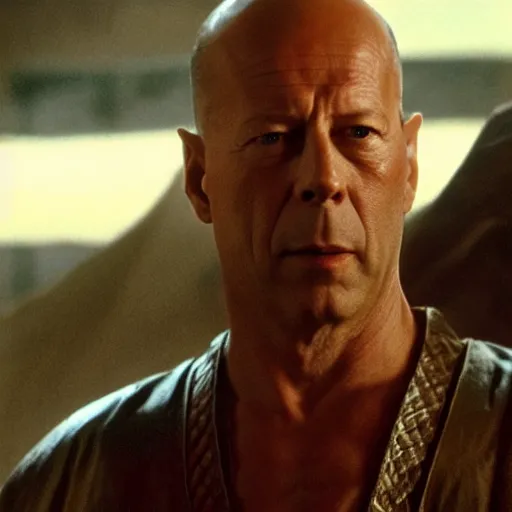 Image similar to an film still of bruce willis as samurai, cinematic, dramatic action