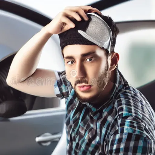 Prompt: man wearing car wheel on head as hat stock photo