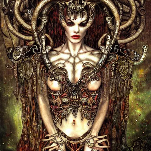 Image similar to horned cybernetic demon, circuitry, intricate detail, klimt, royo,