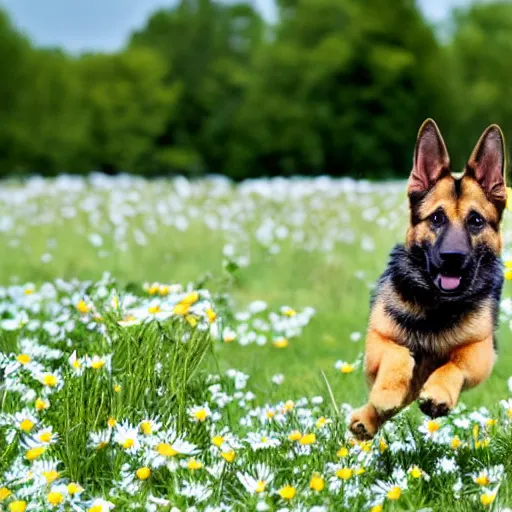 Image similar to German shepherd dog and bunny running in a field with daisies, trees in the distance with sun blue skies a couple of clouds