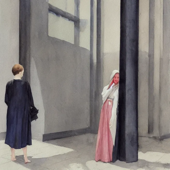 Image similar to woman in black robes, short skirt, in magnificent shopping mall, artstation, watercolor painting, art by edward hopper, zdislav beksinski, wayne barlowe, edward hopper