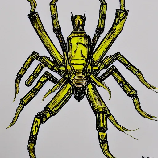 Prompt: ultra precise, asymmetric fineliner drawing of a gold plated mecha spider machine which embeds a man inside a squid, minimal injury, maximal squidification. three colour ink marker pen on rainbow spattered glossy paper. bold lines, gallery quality, winner of nobel prize for insanity