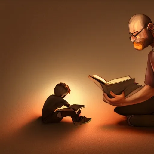 Prompt: a father reading to his son, octane rendering, art by justradiation, trending on pixiv, cinematic lighting