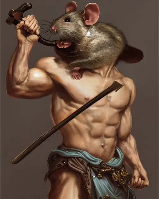 Image similar to baroque portrait of a male were-rat with the head of a rat. he is very muscular. he is wielding an axe. 4K trending on artstation by peter mohrbacher