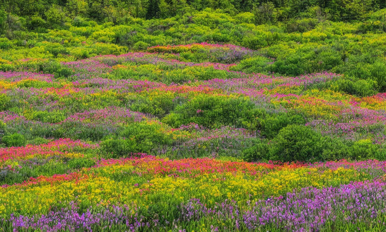 Prompt: a photograph of a forest with trees and shrubs behind a flower field in spring season, 4k, detailed, hyper realistic,