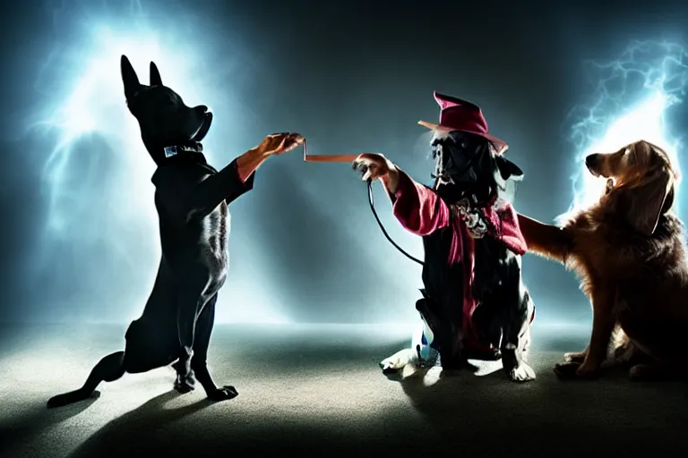 Prompt: dog wizard casting a magic spell on an evil witch, majestic pose, dramatic lighting, cinematic scene