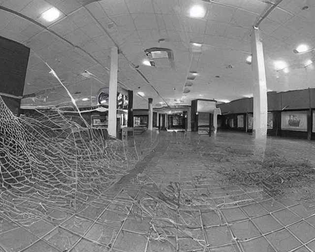 Prompt: camera footage of an abandoned shopping mall overrun by huge spiders and cobwebs, high exposure, dark, monochrome, camera, grainy, CCTV, security camera footage, timestamp, zoomed in, fish-eye lense, spiders!!!!,
