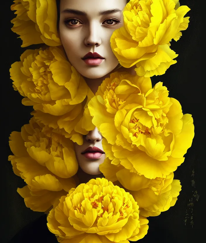 Image similar to beautiful yellow woman, symmetrical portrait, realistic, full body, black peonies, snake twist, rich details, by wlop