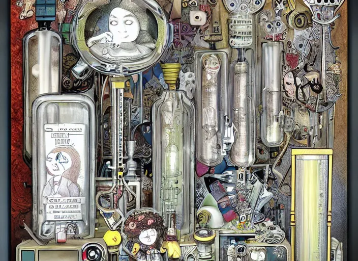 Prompt: a portrait of an inventor, test tubes, strange machines, electronics, lowbrow in the style of mark ryden and daniel merriam,