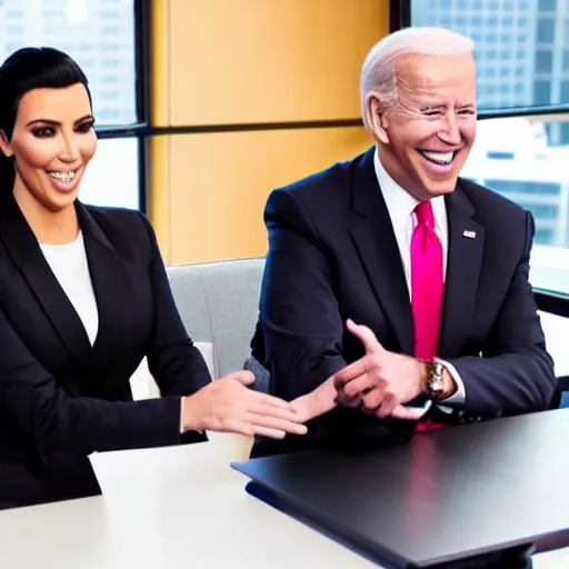 Image similar to stock photo of kim kardashian, and joe biden wearing suits and ties laughing in an office building, 8k resolution, full HD, cinematic lighting, award winning, anatomically correct