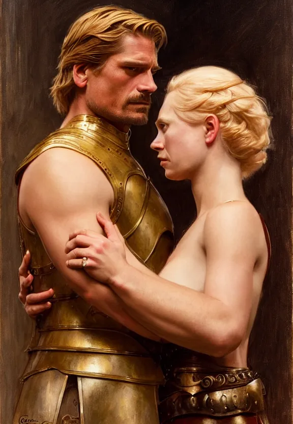 Image similar to attractive fully clothed jaime lannister confesses his love for attractive fully armored brienne of tarth. tender looks. highly detailed painting by gaston bussiere and j. c. leyendecker 8 k