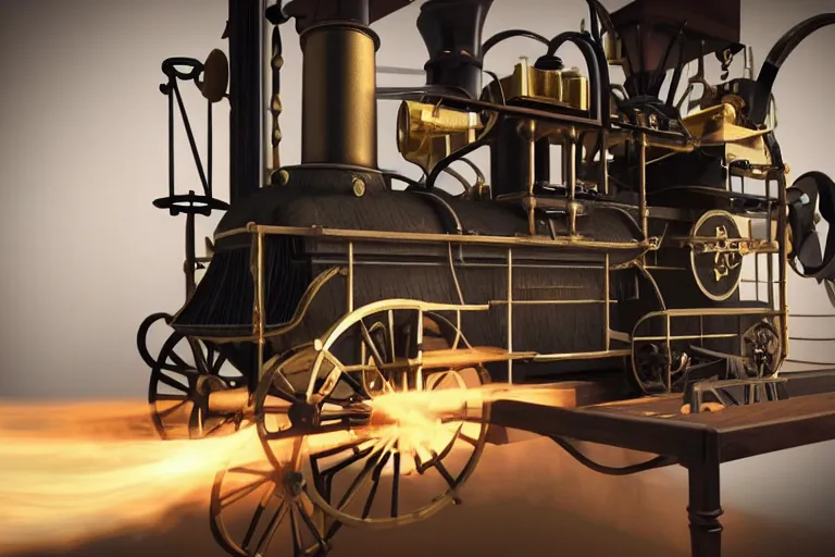 Image similar to still photo of the invention of steam engine, highly detailed, photorealistic shot, bright studio setting, studio lighting, crisp quality and light reflections, unreal engine 5 quality render