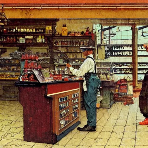 Prompt: old general store, headless person approaches the counter, by norman rockwell, tonal color scheme, antique, retro atmosphere.