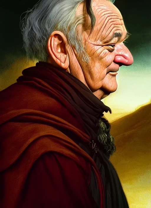 Prompt: side profile centered painted portrait, of bill murray, lord of the rings, tolkien, matte painting concept art, baroque, beautifully backlit, swirly vibrant color lines, fantastically gaudy, aesthetic octane render, 8 k hd resolution, by caravaggio and diego velazquez