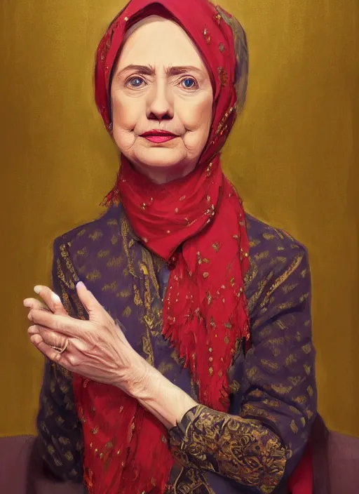 Image similar to portrait of hillary clinton as a muslim, jewelry, greek, ruby, victorian age, 1 8 9 0, intricate, headshot, key visual, conceptart, ambient lighting, highly detailed, digital painting, artstation, concept art, sharp focus, by makoto shinkai and akihiko yoshida and greg manchess