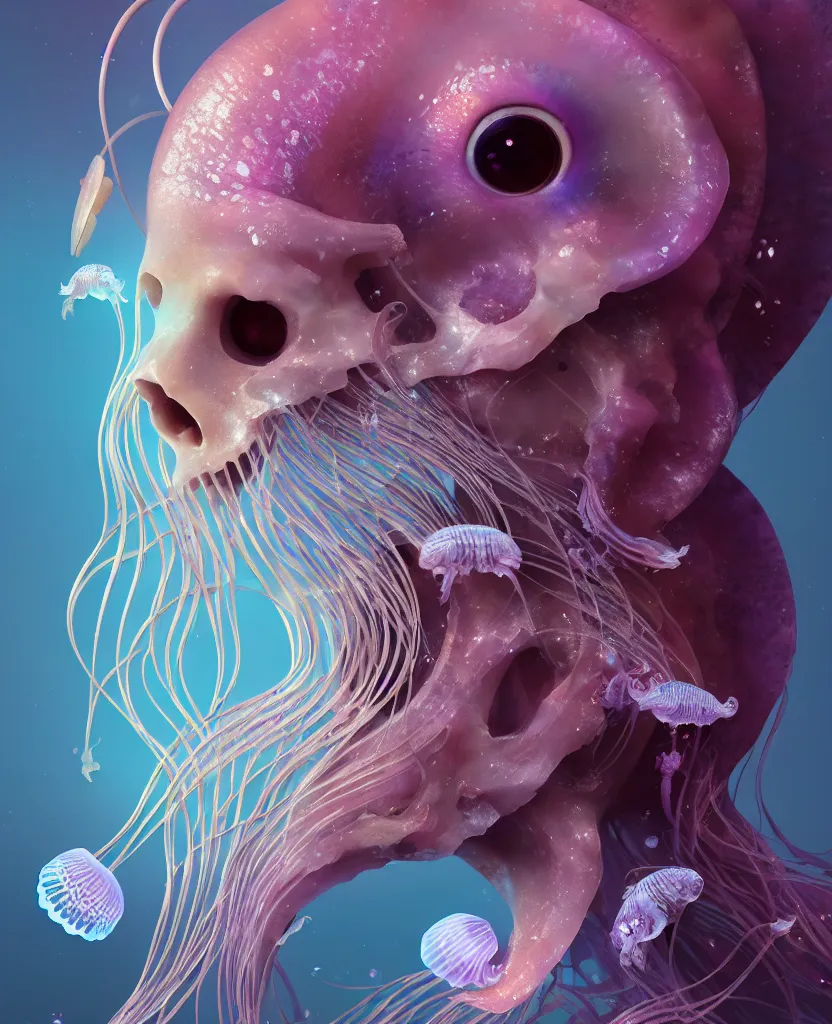 Image similar to goddess princess beautiful face close-up portrait ram skull. jellyfish phoenix head, nautilus, orchid, skull, betta fish, bioluminiscent creatures, intricate artwork by Tooth Wu and wlop and beeple. octane render, trending on artstation, greg rutkowski very coherent symmetrical artwork. cinematic, hyper realism, high detail, octane render, 8k