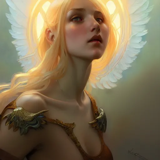 Prompt: A girl with blonde hair, glowing halo, huge highly detailed wings, fantasy, intricate, elegant, highly detailed, digital painting, artstation, concept art, smooth, sharp focus, illustration, art by Krenz Cushart and Artem Demura and alphonse mucha