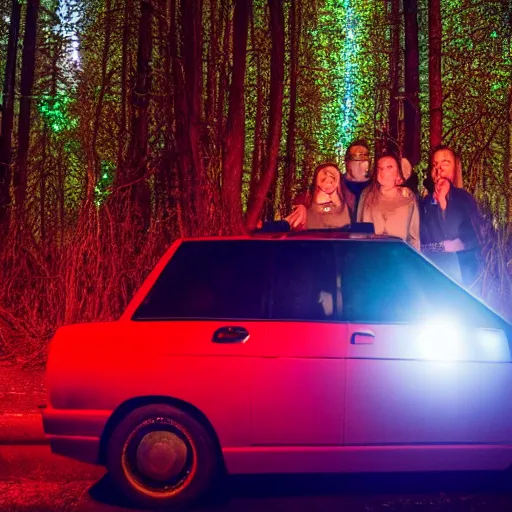 Prompt: photo with flash at night at a forest of a big scary man in top of a blue car with lights on