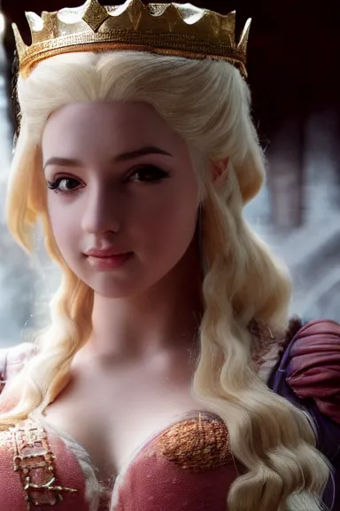 Image similar to very very intricate photorealistic photo of a realistic human version of princess peach in an episode of game of thrones, photo is in focus with detailed atmospheric lighting, award - winning details