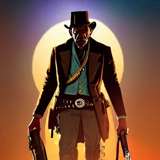 Prompt: Morgan Freeman as a steampunk cowboy in Red Dead Redemption 2, intricate, highly detailed, digital painting, artstation, concept art, sharp focus, illustration, art by greg rutkowski and alphonse mucha