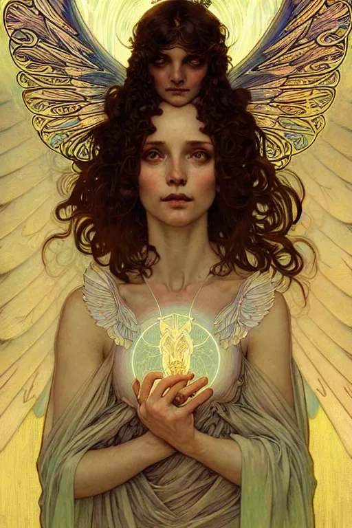 Image similar to Tarot card of an angel girl with glowing halo and highly detailed intricate wings, art nouveau, fantasy, intricate, elegant, highly detailed, digital painting, artstation, concept art, smooth, sharp focus, illustration, art by Krenz Cushart and Artem Demura and alphonse mucha