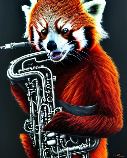 Image similar to a portrait of an anthropomorphic cyberpunk single red panda wailing on the saxophone by sandra chevrier, by jon foster, detailed render, tape deck, epic composition, cybernetics, 4 k realistic, cryengine, realistic shaded lighting, sharp focus, masterpiece, by enki bilal