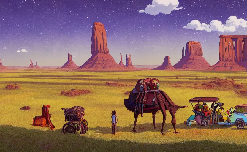 Image similar to a realistic cell - shaded studio ghibli concept art from paprika ( 2 0 0 6 ) of a cubic multi - colored rocketship from close encounters of the third kind ( 1 9 7 7 ) in a flooded monument valley stonehenge jungle jungle on a misty starry night. a camel caravan is in the foreground. very dull colors, portal, hd, 4 k, hq