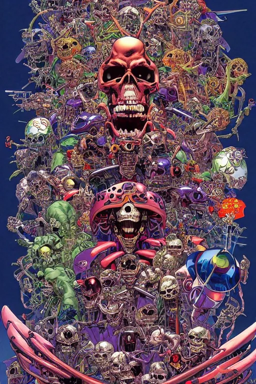 Image similar to poster of crazy roborts skeletor, by yoichi hatakenaka, masamune shirow, josan gonzales and dan mumford, ayami kojima, takato yamamoto, barclay shaw, karol bak, yukito kishiro