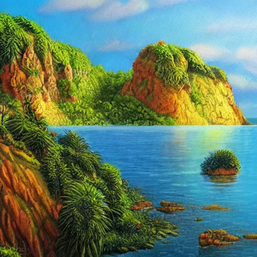 Image similar to painting of a lush natural scene on an alien planet by igor grabar. beautiful landscape. weird vegetation. cliffs and water.